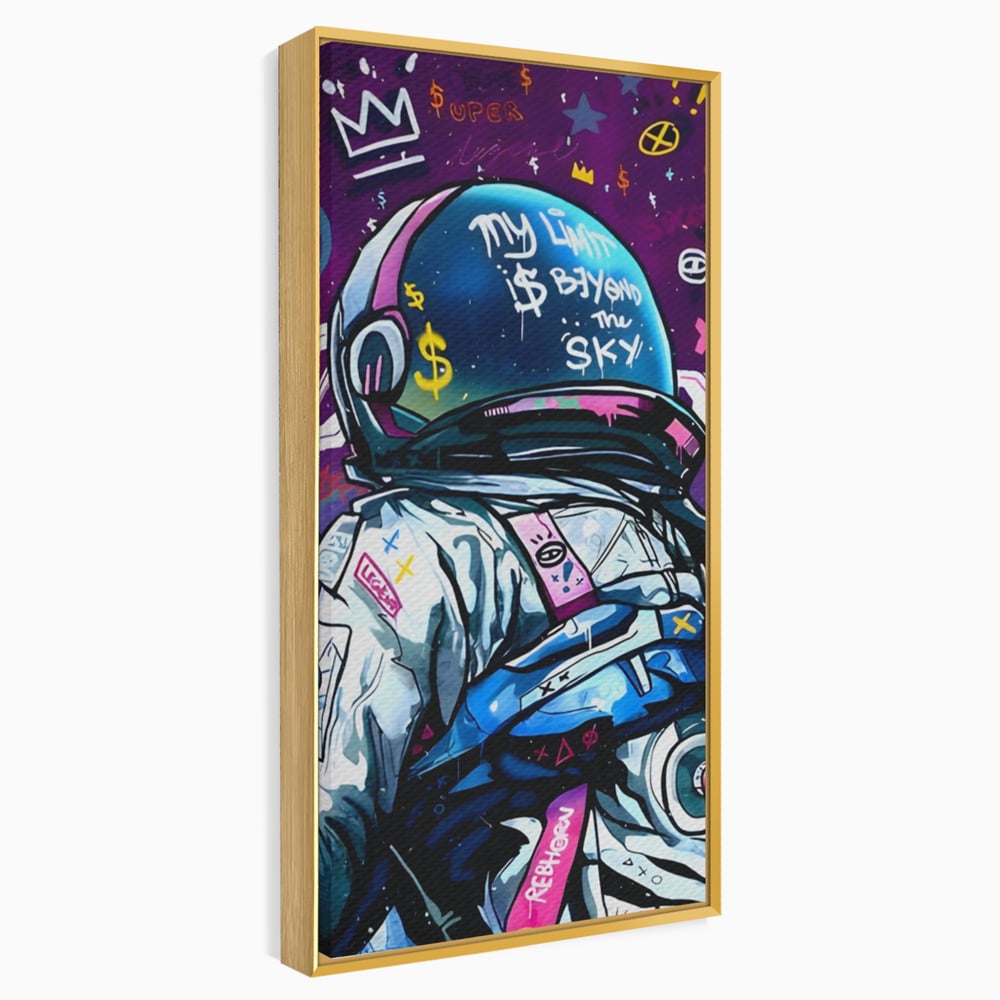Tablou canvas cu tablou canvas cu astronaut graffiti, in rama de aluminiu auriu